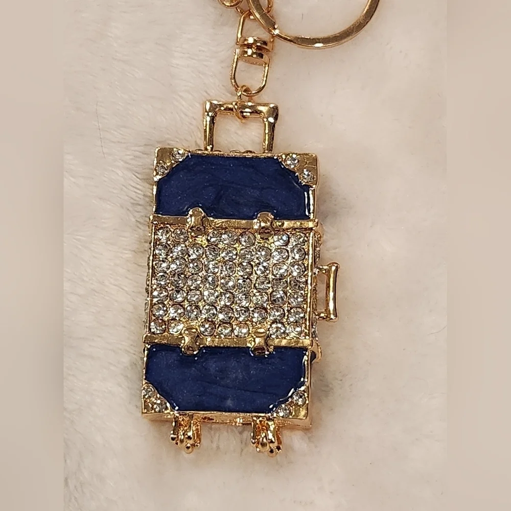 Blue and Gold Luggage Keychain with Rhinestones Bqg Charm